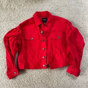 Forever21 Red Jean Jacket with Puff Sleeves